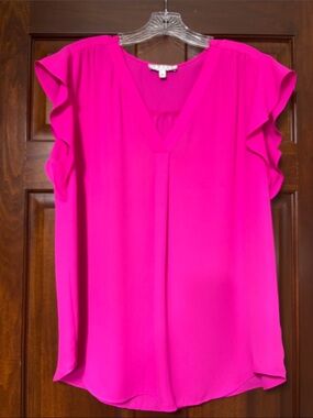 Chaus Hot Pink V-Neck Flutter Sleeve Blouse